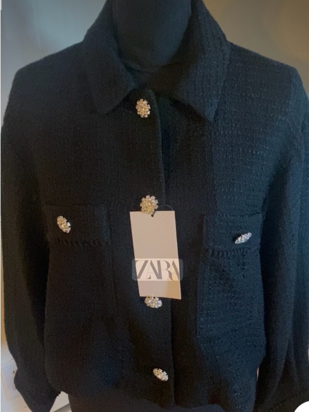 ZARA NWT Black Tweed Cropped Jacket with Crystal-Rhinestone Buttons Size Large.